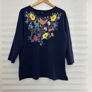 Sabaku Artwear Navy Blue Jardin Encantado Floral Cotton 3/4 Sleeve Top Large